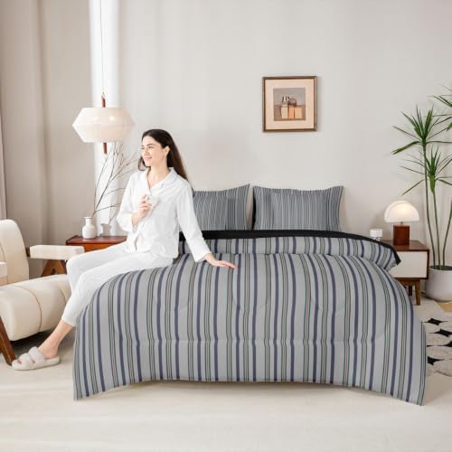 Erosebridal Gray Stripes King 7-Piece Comforter Set | Men Women Kids