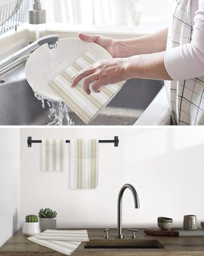 Beige Stripes Waffle Kitchen Towel Set of 3 Farmhouse Minimalist
