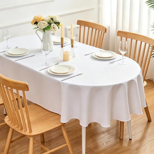 White Oval Tablecloth 60 x 102 Inch - 200 GSM Polyester Fabric Wrinkle