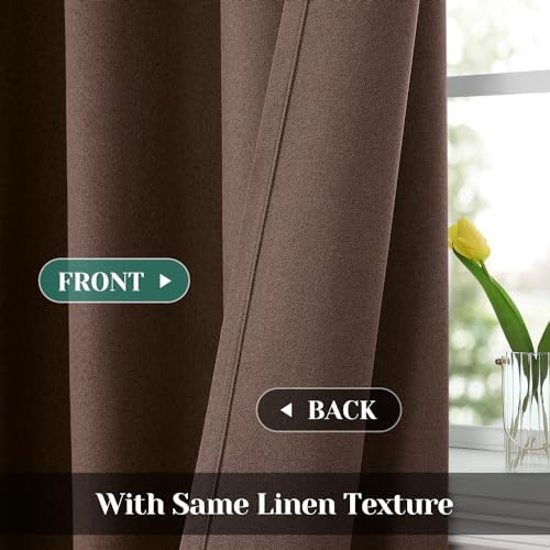 HOMEIDEAS 100% Blackout Brown Linen Curtains 52W x 96L 2 Panels