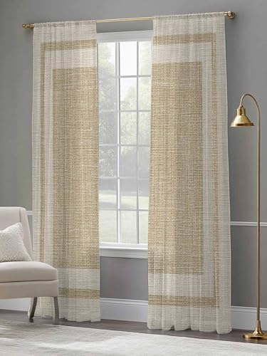 Beige Vintage Sheer Curtains 108 Inch Length 2 Panels, Rustic