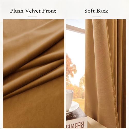 Timeper Gold Brown Velvet Blackout Curtains 52x120 inches, 2Pcs, Back