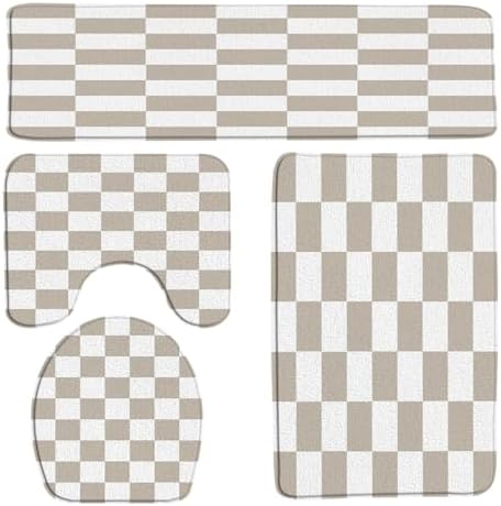 4pcs Checkered Bath Mat Set,Tan White Boho Cute Retro 60s 76s Abstract