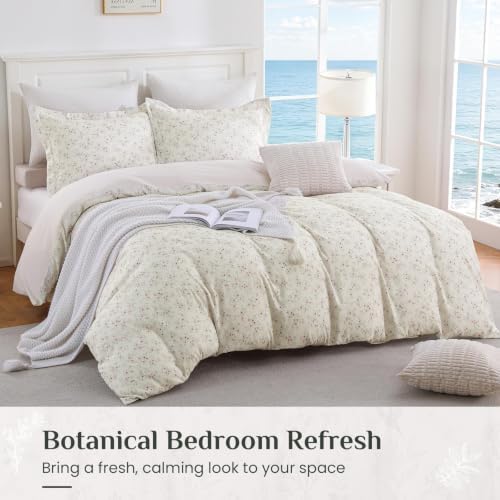 JOLLYVOGUE Floral Duvet Cover Queen, 3Pcs Reversible Beige Duvet Cover