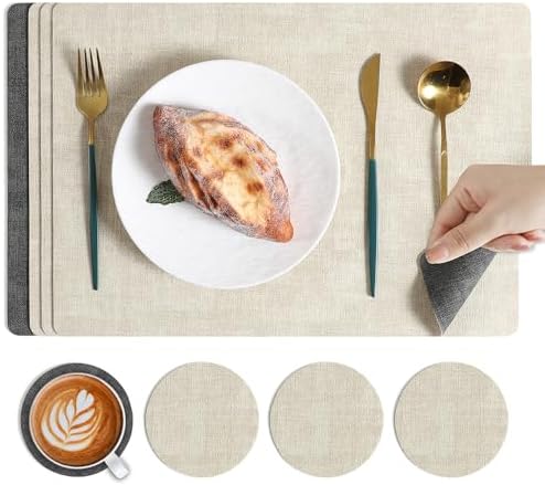 Place Mats Set of 4, Light Gray Leather Table Mats, Washable