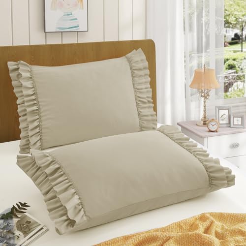 RUDONG M Ruffled Pillow Cases Set of 2, King, 20x36 Inches, Beige