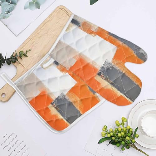 Quilted Cotton Terry Cloth Oven Mitt, Pot Holder Orange Gray Abstract