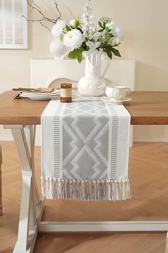 Boho Table Runner, Natural Cotton Woven Gray Runner,for Modern