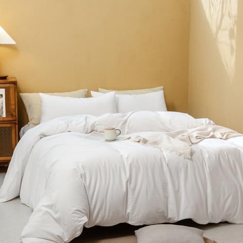 FOSSA Duvet Cover Set 100% Washed Cotton Linen Feel Super Queen