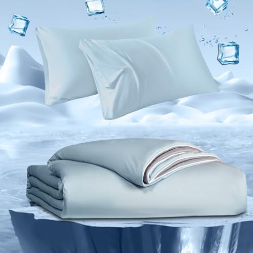LLanCL Cooling Blanket 90" x 90" Blue & Grey and Cooling Pillowcases