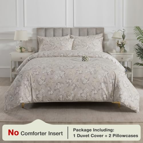 Gray-Beige Floral Duvet Cover Set Queen Size, 100% Cotton Percale