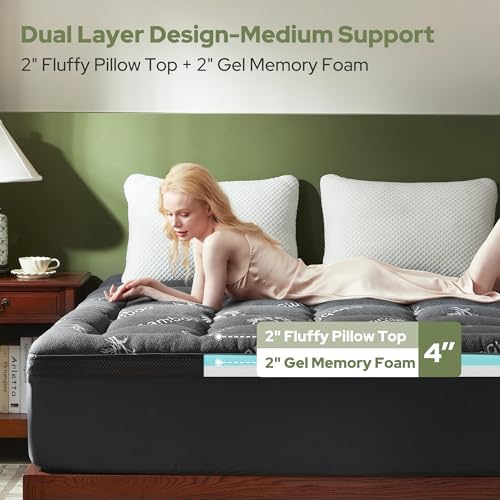 BEDLORE 4 Inch Dual Layer Memory Foam Mattress Topper Queen