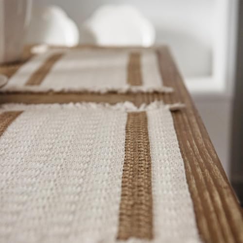 Niviy Boho Placemats Set of 4, 12x18 Inch Natural Cotton Burlap and