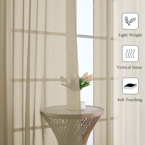 Lecloud Taupe Sheer Curtains 120 Inches Long 2 Panels Set, Rod Pockets