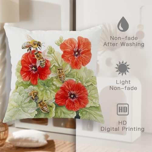 Bees and Red Flowers Throw Pillow Covers Set of 2, Botanical Garden