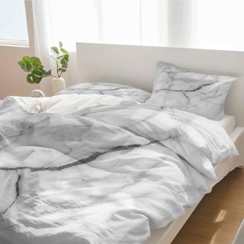 Duvet Cover Set Queen, Gray White Marble Texture 3 Piece Bedding Set