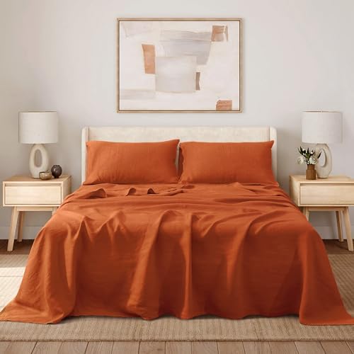Linen World King Size Linen Sheet Set – 4Pcs Solid Color 100% Natural