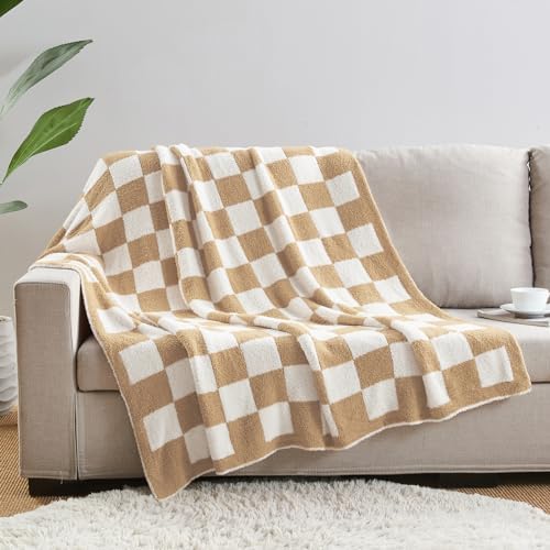 CozeCube Beige White Reversible Checkered Knit Throw Blanket 50"x60"