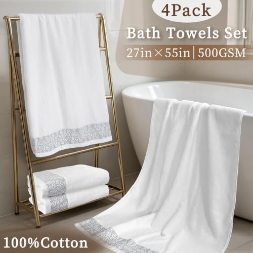 VOOVA & MOVAS Bath Towels 4 Pack, 100% Cotton, 27x55 in,White Gray