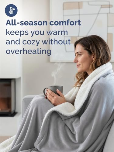 Sherpa Fleece Blanket Queen Size - Reversible Blanket - Grey, 90" x