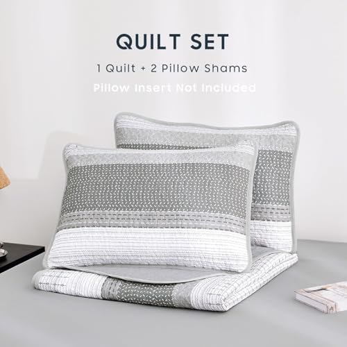 Wake In Cloud - Striped Quilt Set, Farmhouse Coastal Neutral Boho