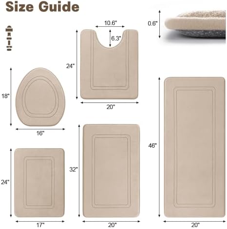 YIHOUSE Beige Memory Foam Bathroom Rug Set 5 Piece, Absorbent Bath Mat