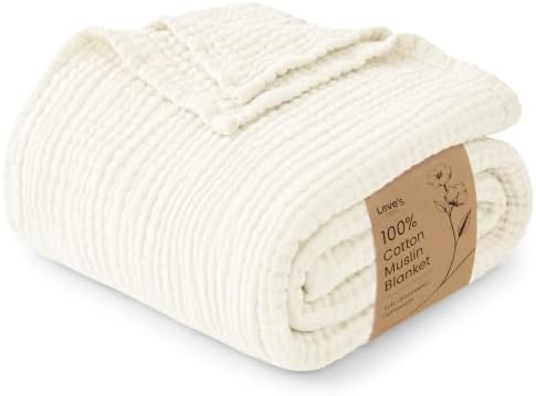 Love's cabin 100% Cotton Muslin Blanket Queen Size for Bed, Ivory
