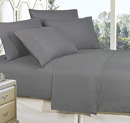 100% Natural Cotton Fabric 4 Piece Bed Sheet Set King-Grey Solid
