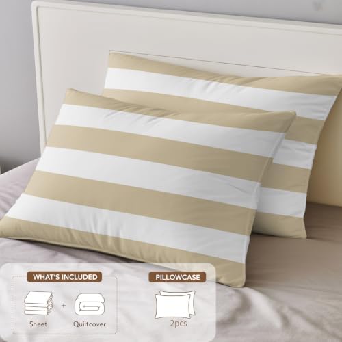 Creamy Beige Stripes King 4 Piece Duvet Cover Set, Modern Artistic