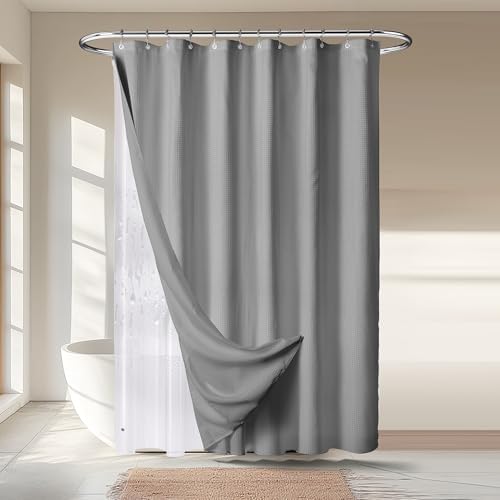 River Dream Grey Shower Curtain with Liner Set, Waffle Fabric Shower