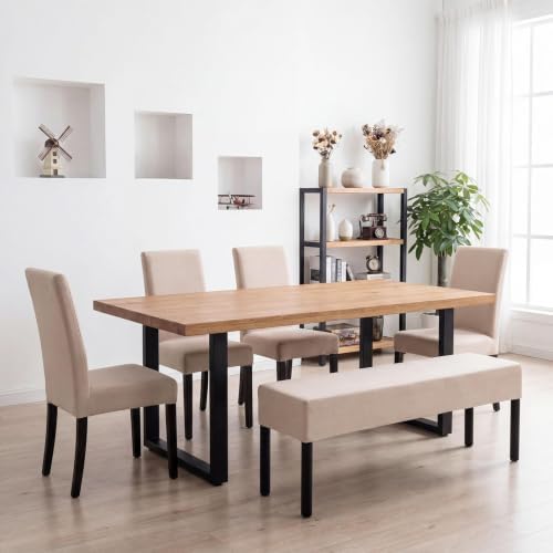 5 Pcs Dining Chair Covers with Bench Cover, Stretch Slipcovers, Beige