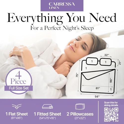 Carressa Linen 600 Series Full Size Sheets Set, 16" Deep Pocket, Ivory