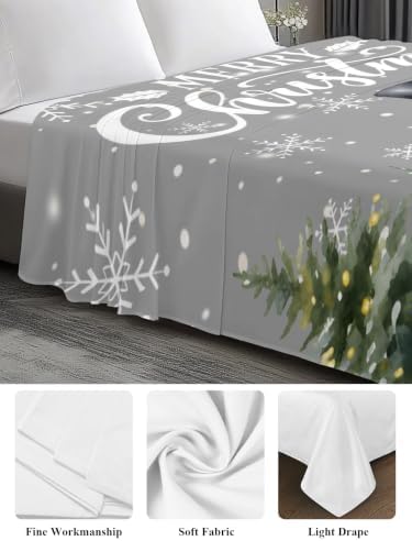 Cal King Size Flat Sheet Only, Winter Snowman Snowflake on Gray Bed