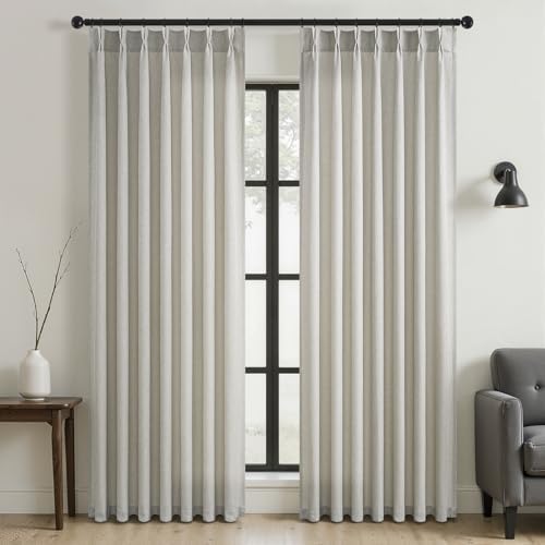 Grey Beige Pinch Pleated Linen Curtains 84 Inches Long 2 Panels