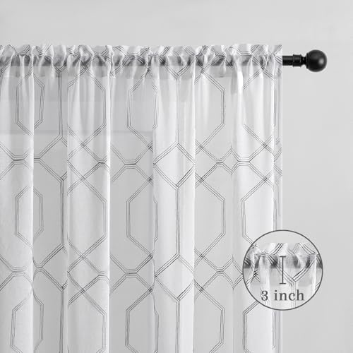 Grey and White Geometric Sheer Curtains 96 Inches Long Gray