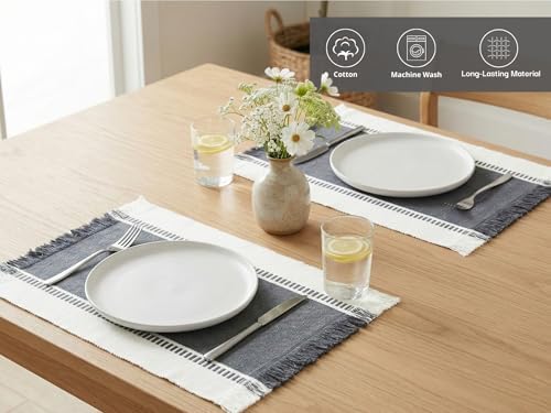 PurpleEssences Stripe Ribbed Placemats - Mineral Gray and H.White