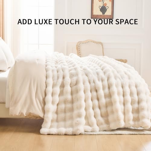 IKALIFE Cozy Bubble Faux Fur King Blanket for Bed, 90x108 Cream