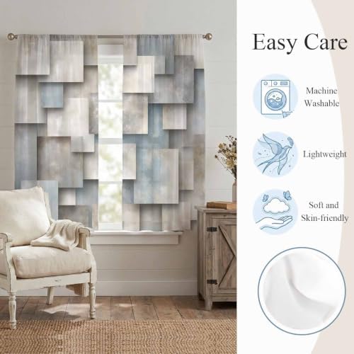 Abstract Block Window Sheer Curtain Minimalist Beige Gray Raised Stone
