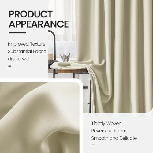 Long Black Out Curtains for Bedroom, Beige, 52" Wx108 L, 2 Panel
