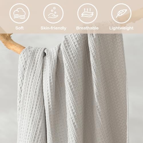 100% Cotton Waffle Queen Blanket with Fringe 90"x90", Pre-Washed