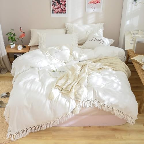 Helthep Luxury Boho King Size White Lace Bedding Collection Ruffled
