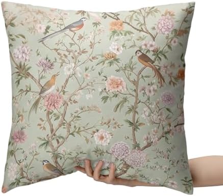 Green Floral Bird Pillow Covers 22x22 Set of 2 Chinoiserie Throw
