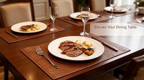 Faux Leather Placemats Set of 6, Brown & Coffee Reversible Leather