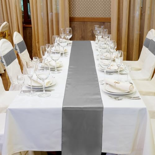 Bencailor 24 Pcs Dark Gray Satin Table Runners Bulk, 12 x 108 Inch