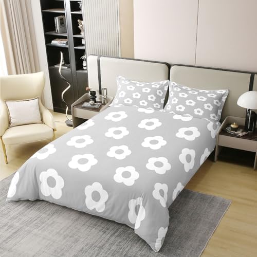 jejeloiu Grey Floral Duvet Cover 100% Cotton Queen Size Princess