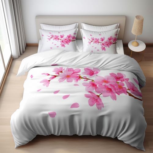 King Duvet Cover Set Soft Microfiber Plant Cherry Blossoms White