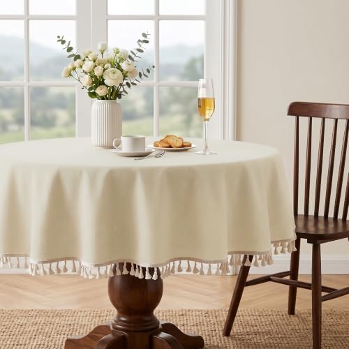 JIUZHEN Waterproof Linen Round Tablecloth with Beige Tassels