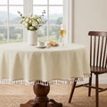 JIUZHEN Waterproof Linen Round Tablecloth with Beige Tassels