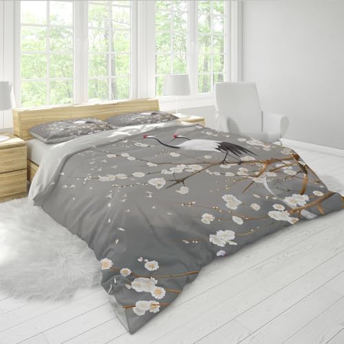 Chic White Cherry Blossom Duvet Cover Japanese Crane Bedding Set Gray