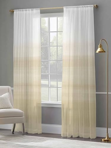Beige White Stripes Sheer Curtains 108 Inch Length 2 Panels Set
